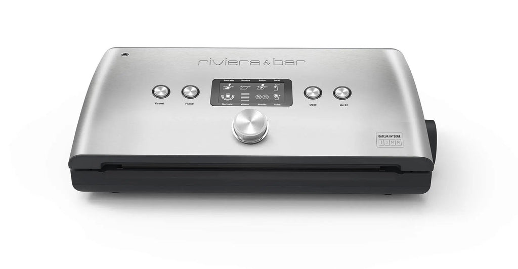 Hier is een beschrijving van de afbeelding in het Nederlands:
  
  Roestvrijstalen vacuümmachine Riviera & Bar.