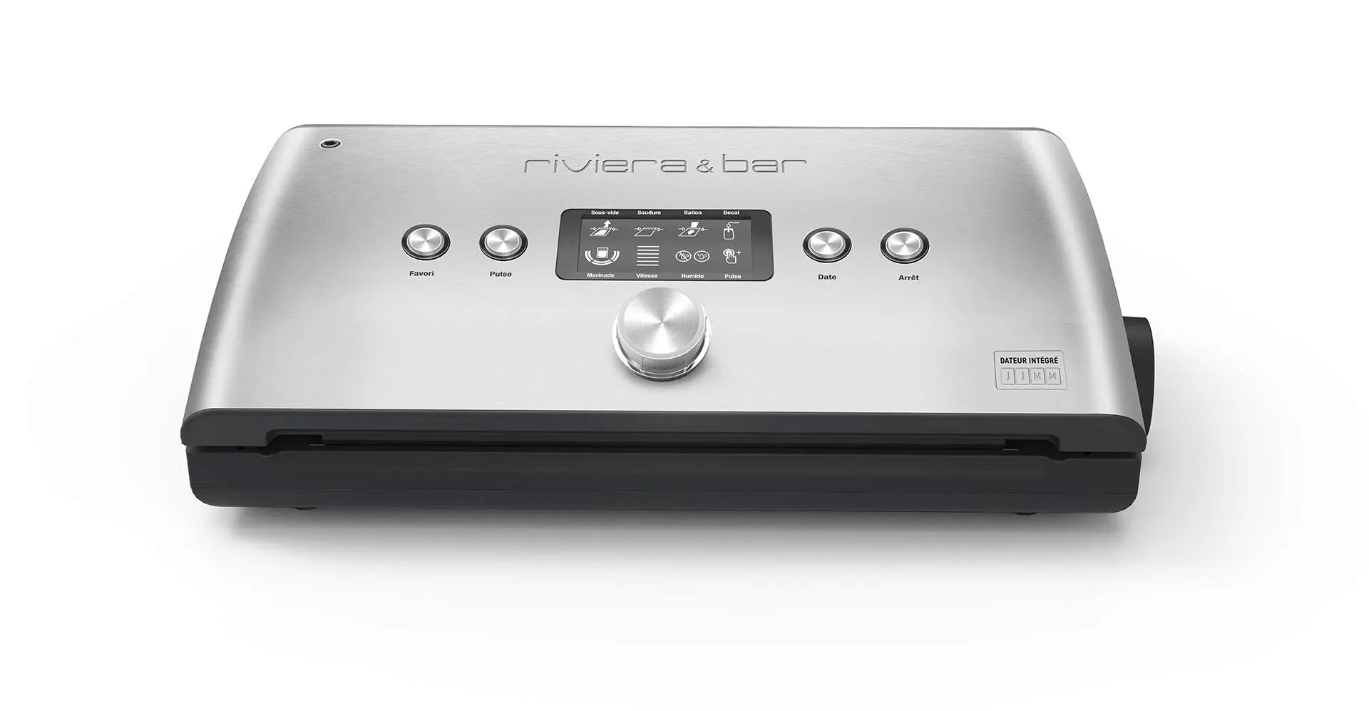 Hier is een beschrijving van de afbeelding in het Nederlands:
  
  Roestvrijstalen vacuümmachine Riviera & Bar.