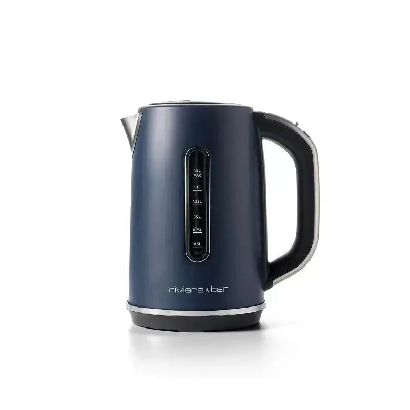 Marineblauwe waterkoker met waterpeilindicator.