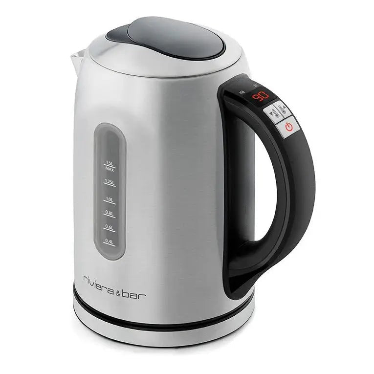 Roestvrijstalen elektrische waterkoker met zwart handvat.