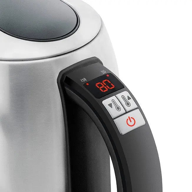 Zilveren elektrische waterkoker met digitale temperatuurweergave en bedieningsknoppen.