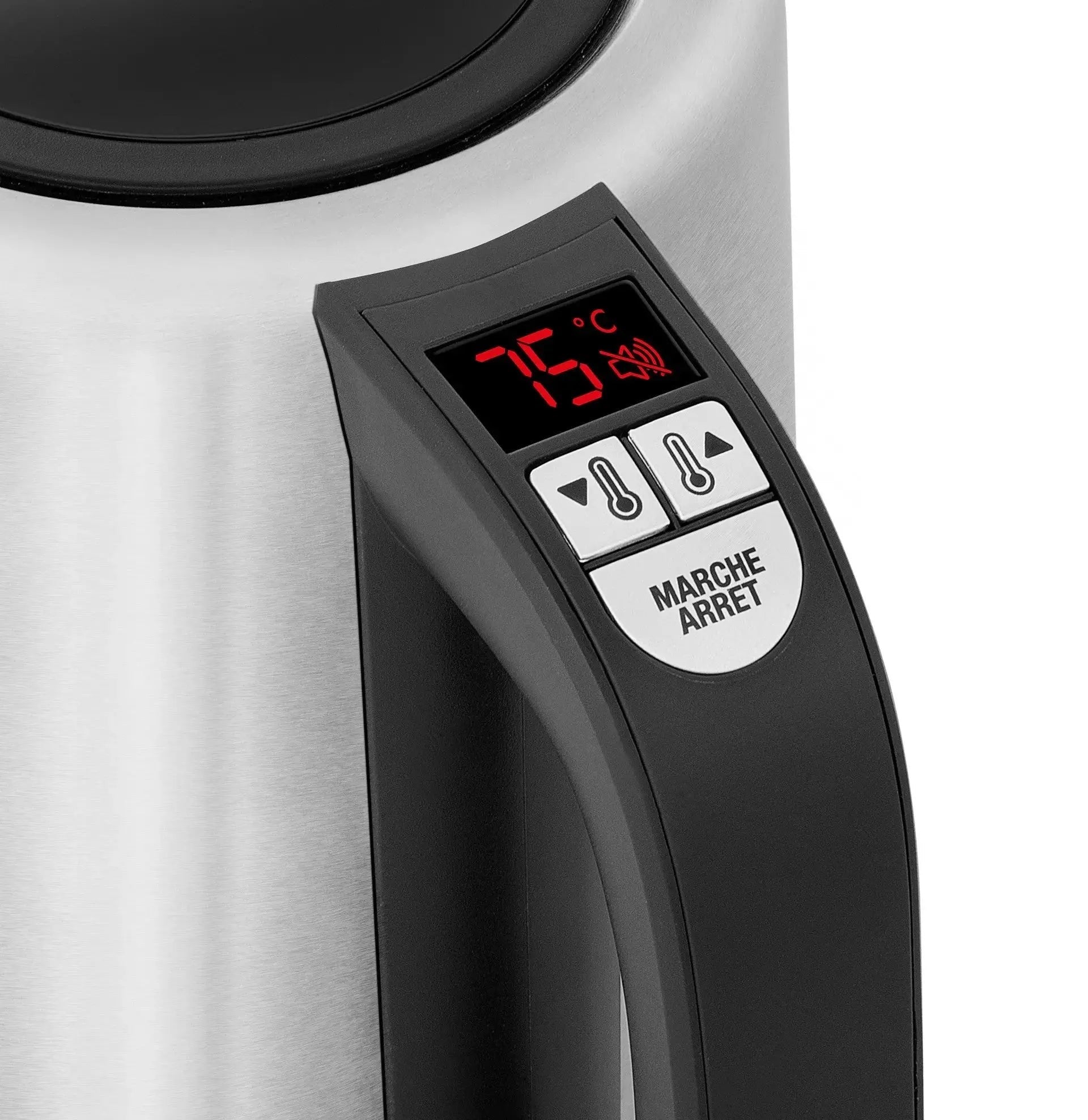 Roestvrijstalen elektrische theepot met digitale temperatuurweergave en regelknoppen.