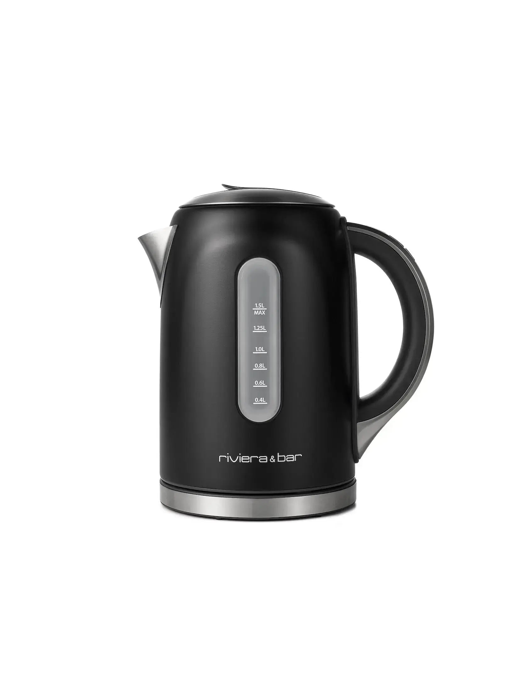 Zwarte elektrische waterkoker met zilveren voet.