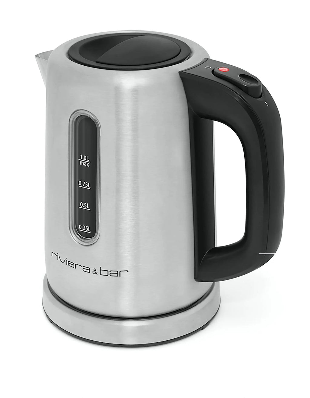 Roestvrijstalen elektrische waterkoker met zwart handvat.