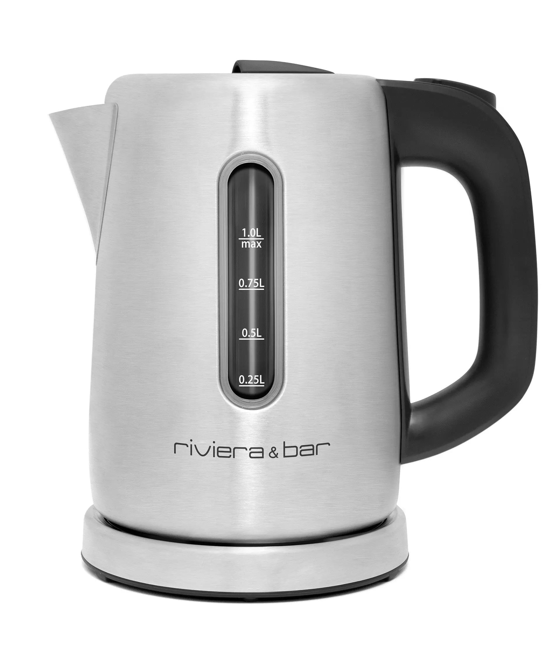 Roestvrijstalen waterkoker met zwart handvat.