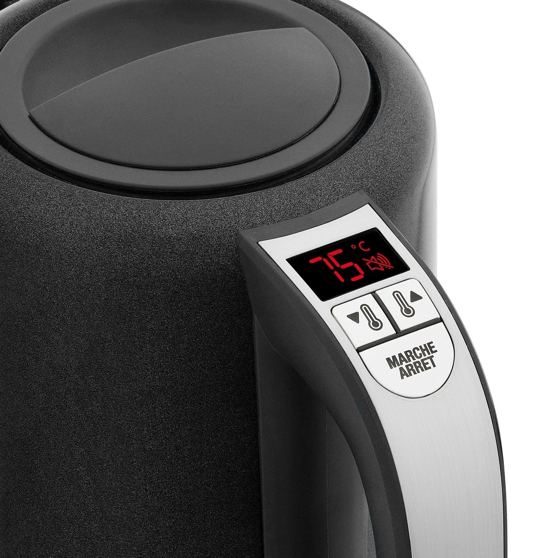 Zwarte elektrische waterkoker met digitaal display en zilveren knoppen.