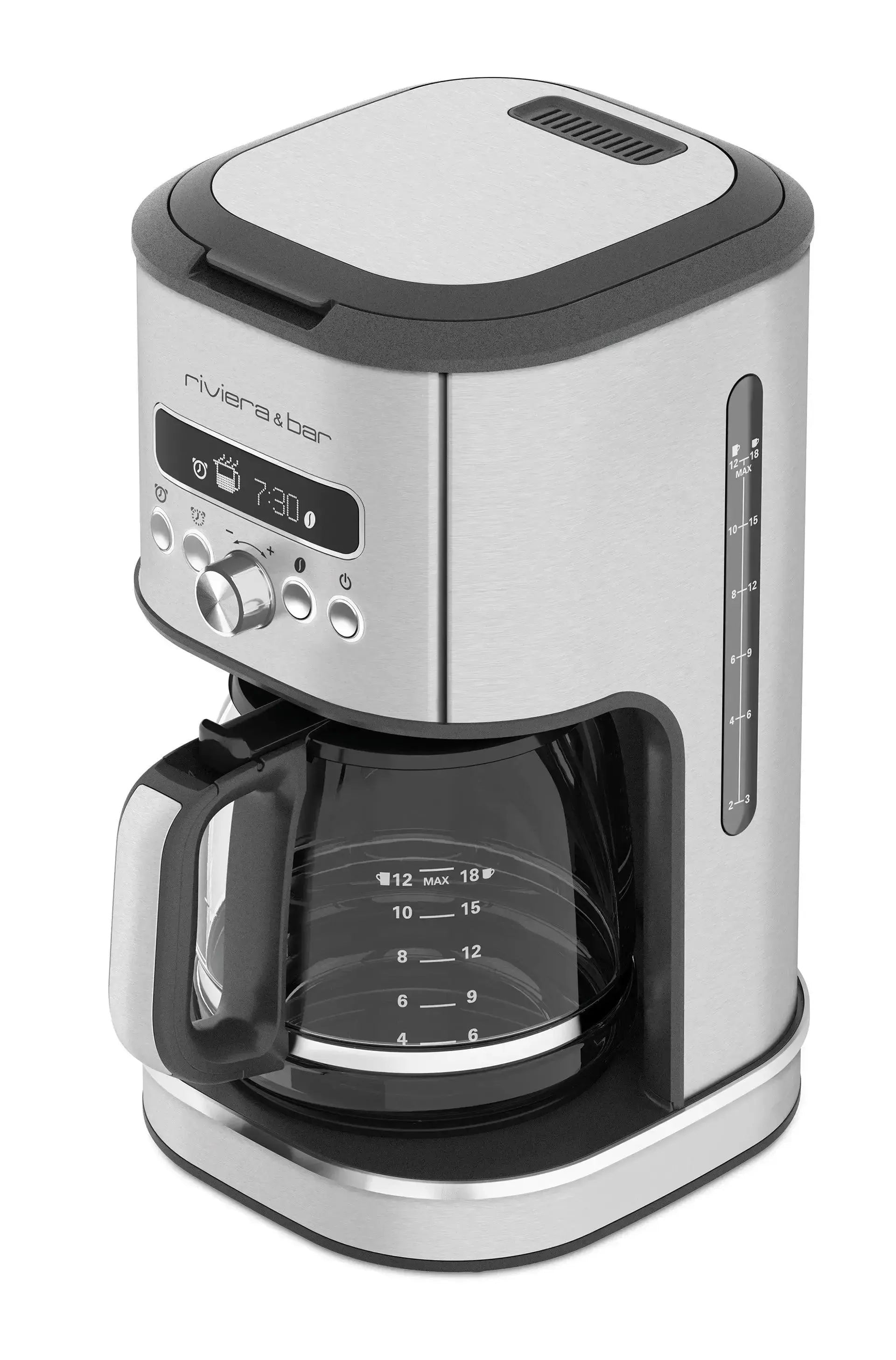 Koffiezetapparaat Riviera & Bar van roestvrij staal met glazen karaf.