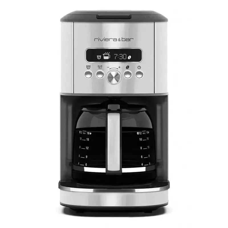 Dit is een roestvrijstalen elektrisch koffiezetapparaat met een glazen karaf.