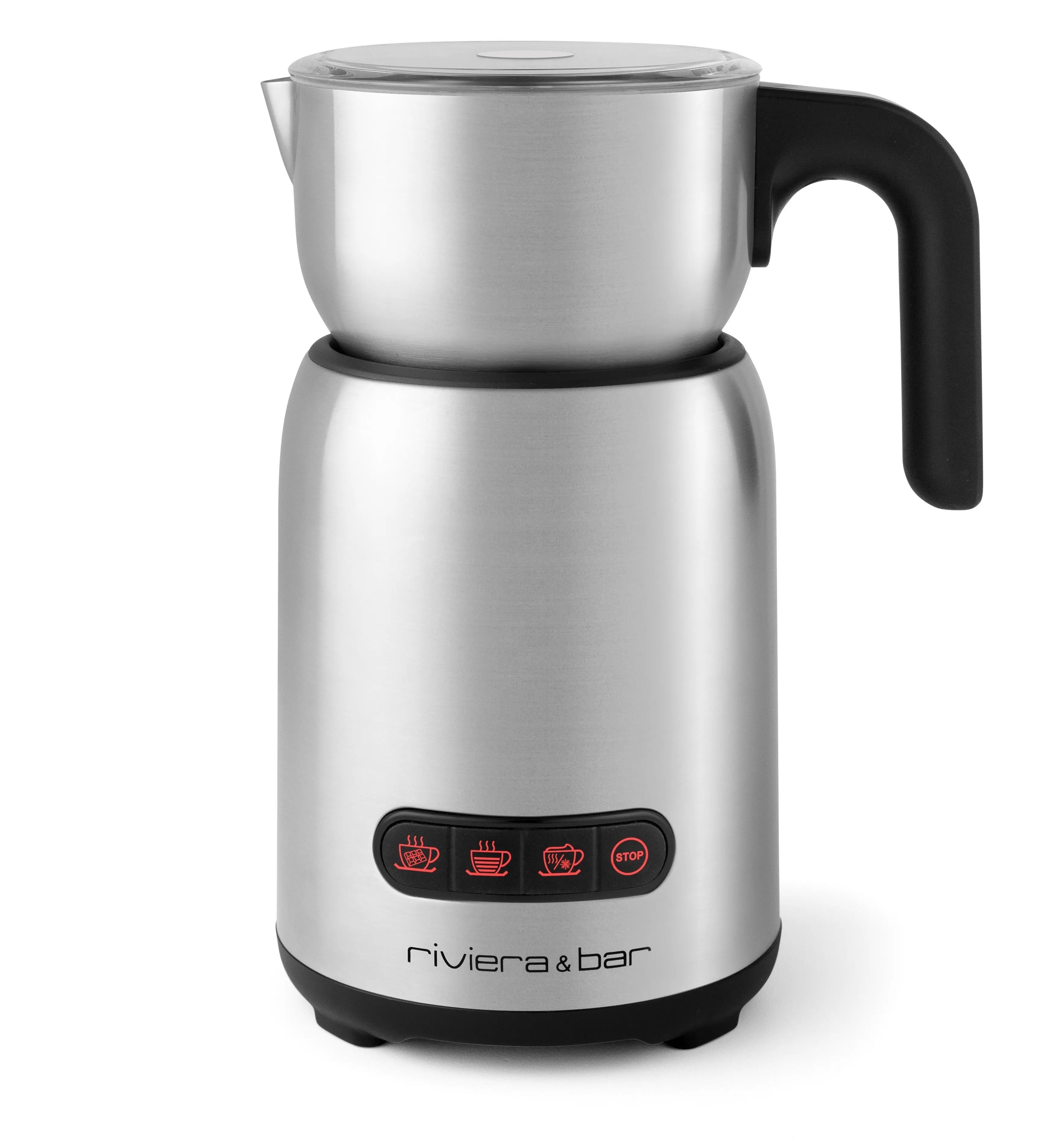 Zilveren melkopschuimer met zwart handvat.