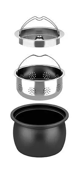 Gedemonteerde metalen snelkookpan.