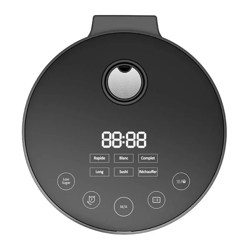 Zwart bedieningspaneel voor een rijstkoker.