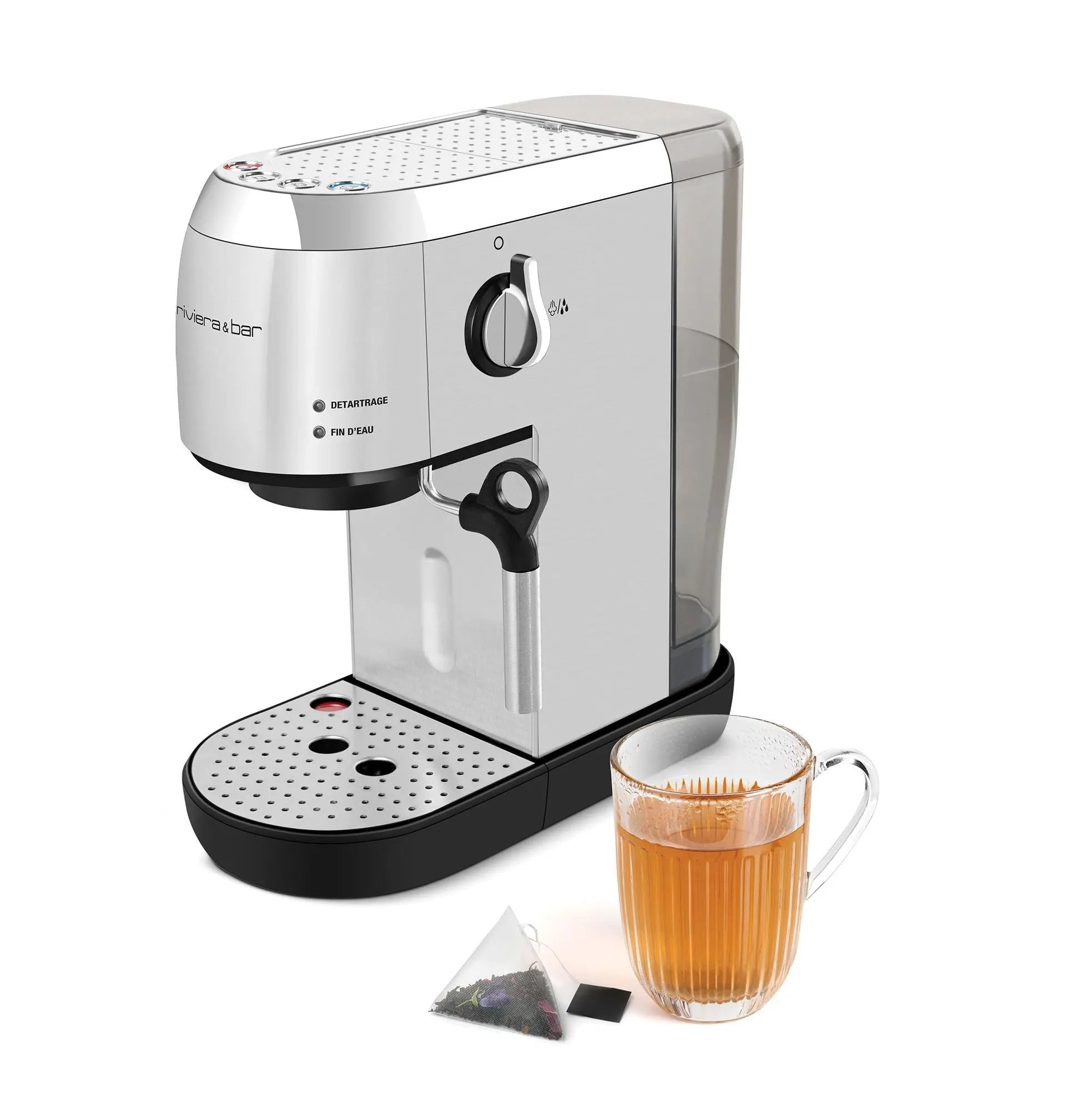 Roestvrijstalen koffiezetapparaat met theekopje.