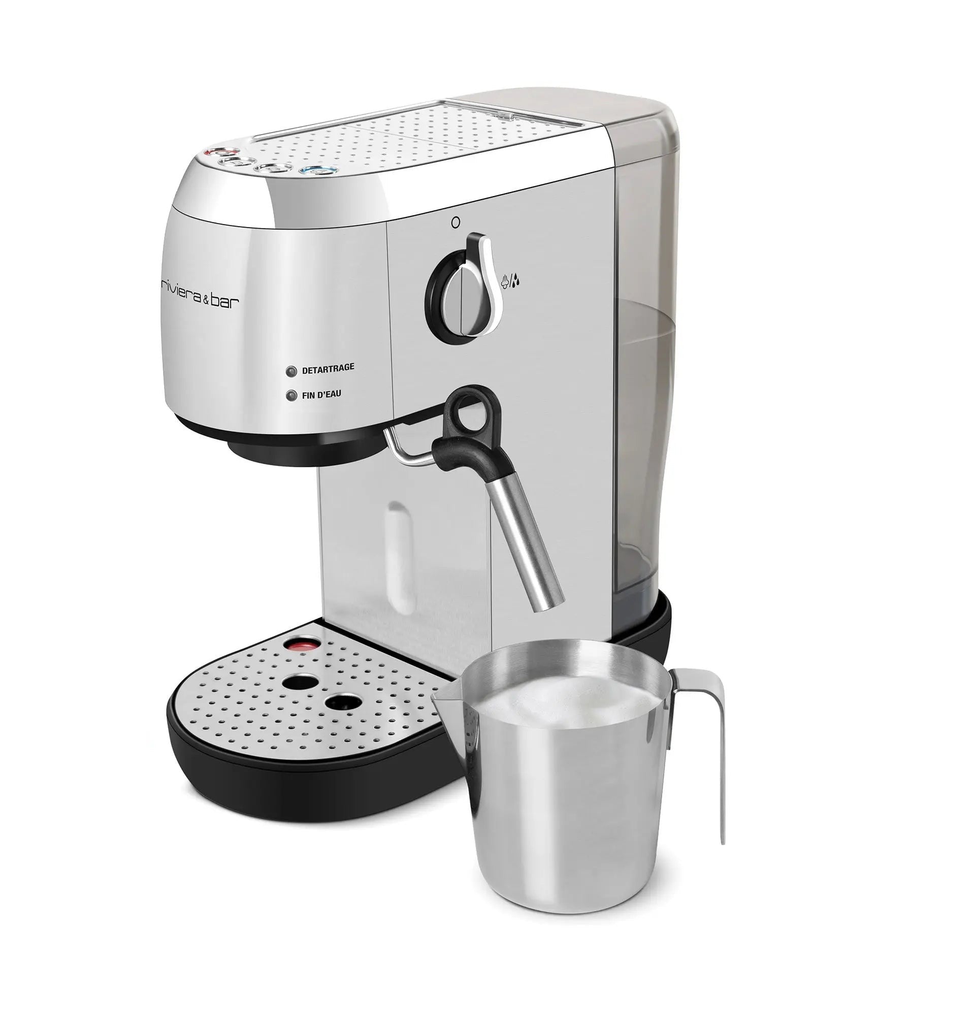 Roestvrijstalen espressomachine met melkkan.