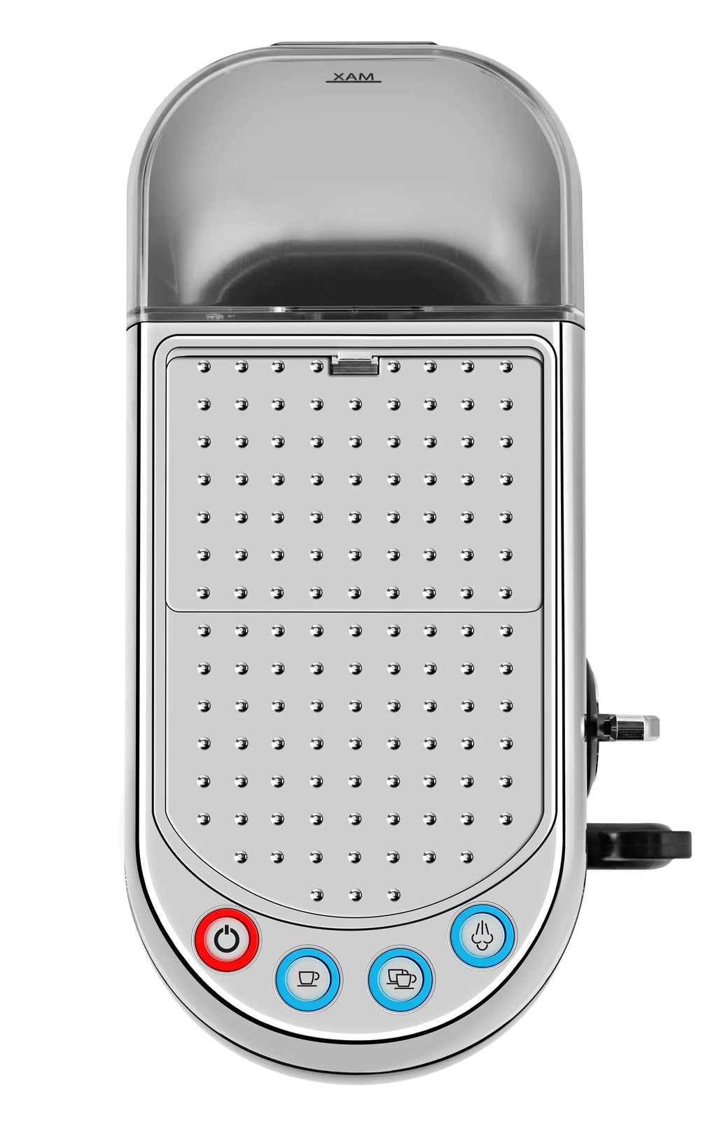 Zilveren koffiezetapparaat met transparant reservoir.