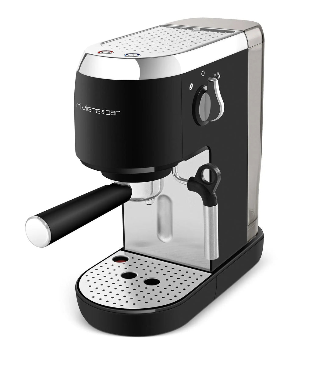 Zwart met zilveren espressomachine.
