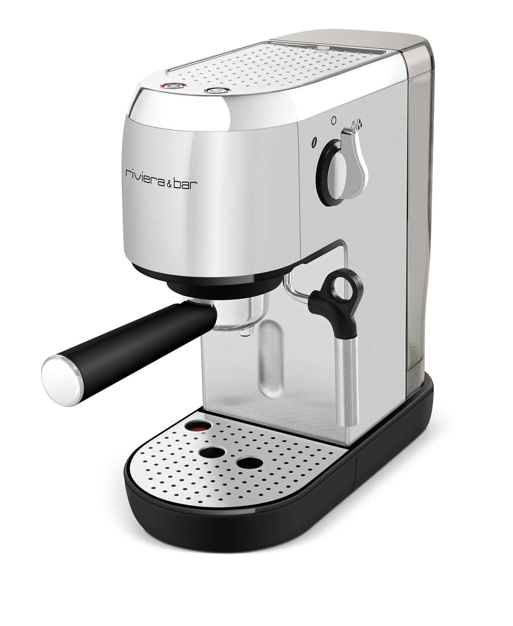 Zilver met zwarte espressomachine.