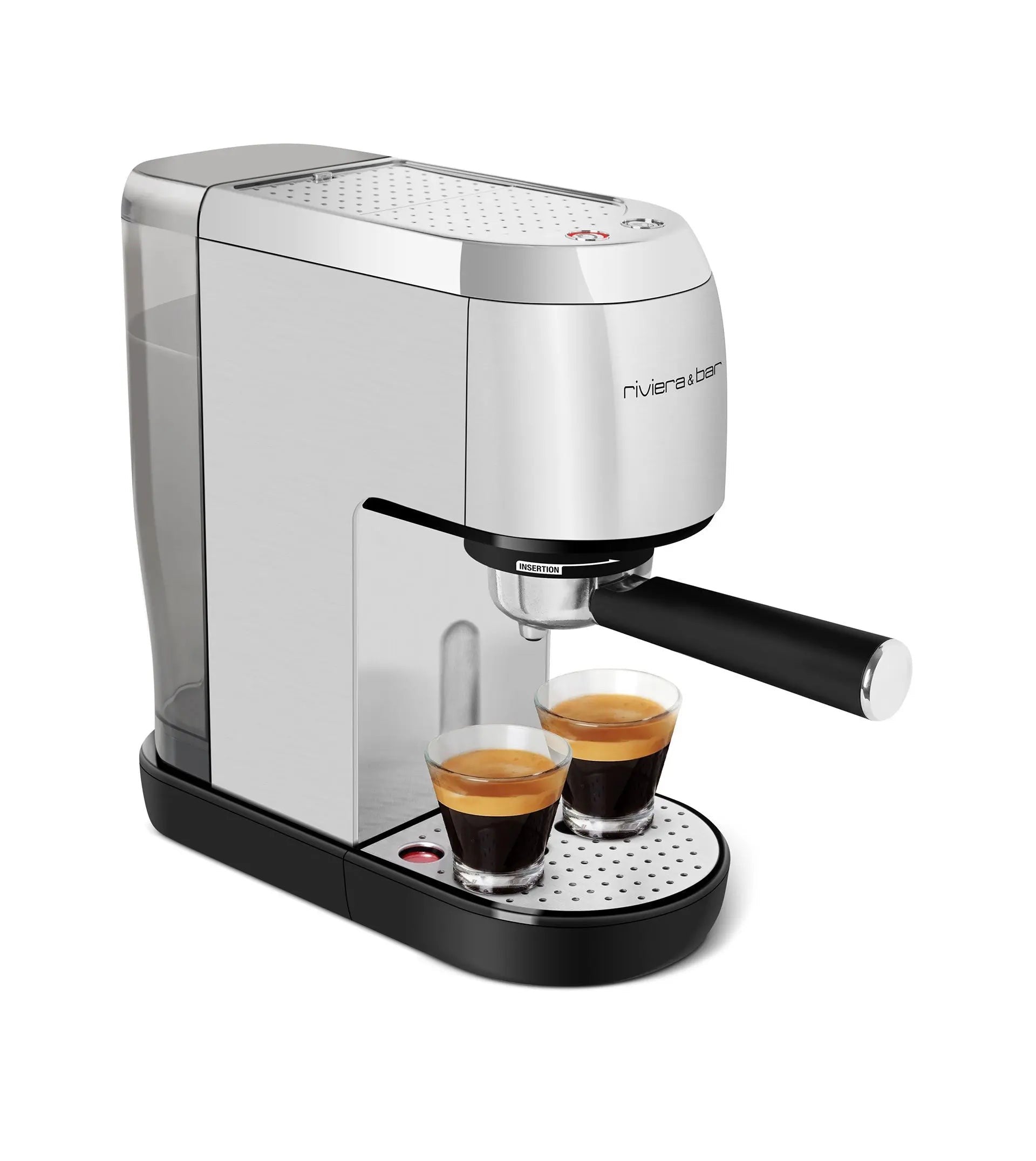 Zilveren espressomachine met twee kopjes koffie.