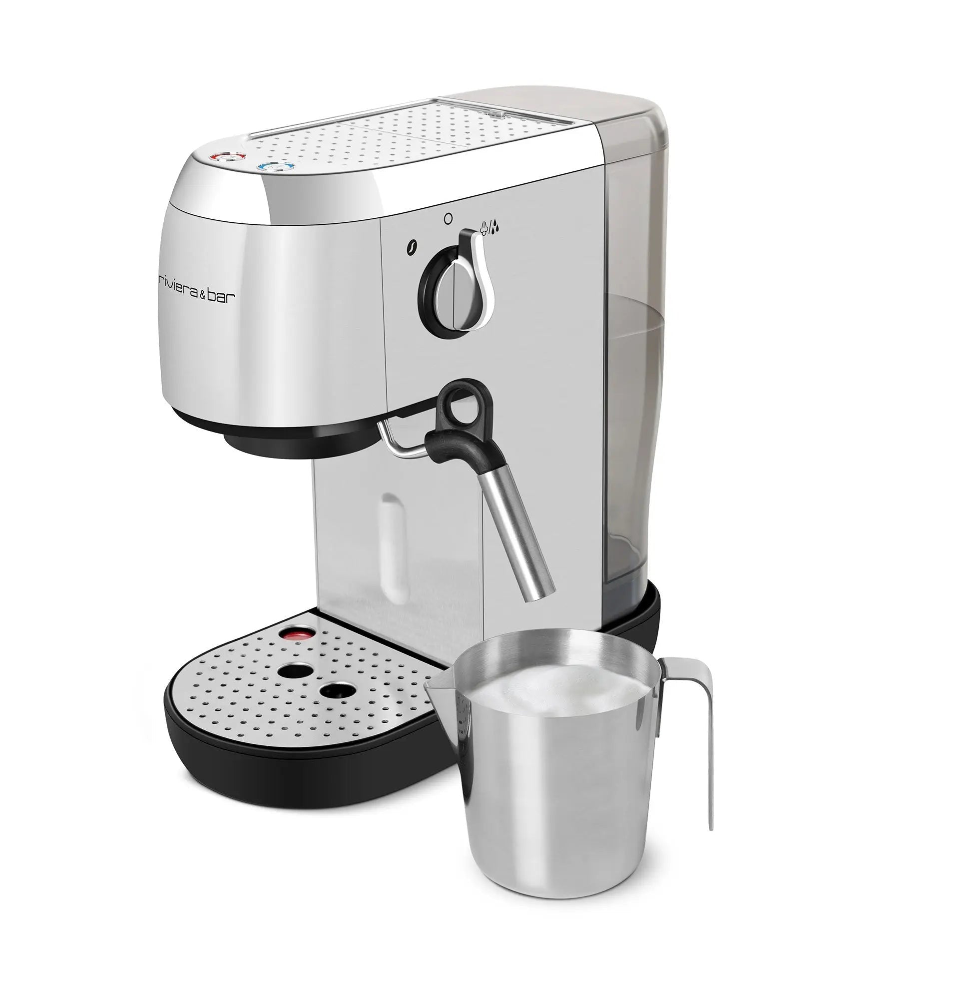 Zilveren koffiezetapparaat met metalen melkkan.