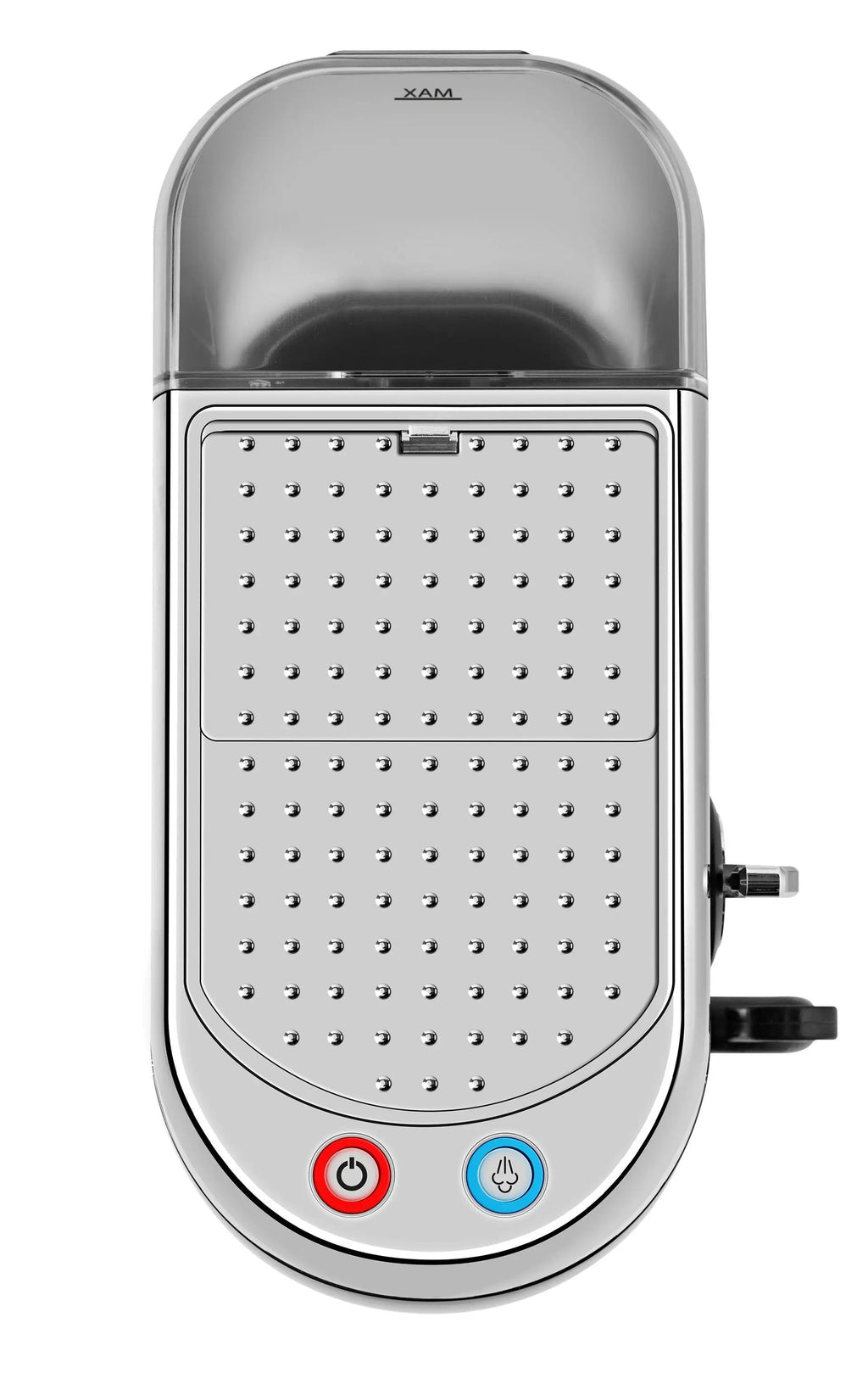 Zilverkleurige koffiemachine met transparant waterreservoir.