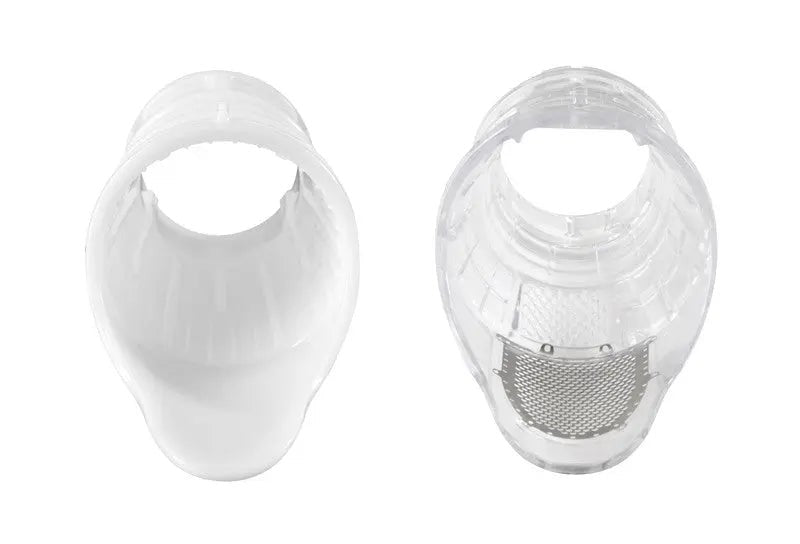 Twee transparante mondstukken met een metalen rooster.