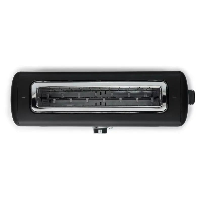 Bovenaanzicht van een zwarte broodrooster.