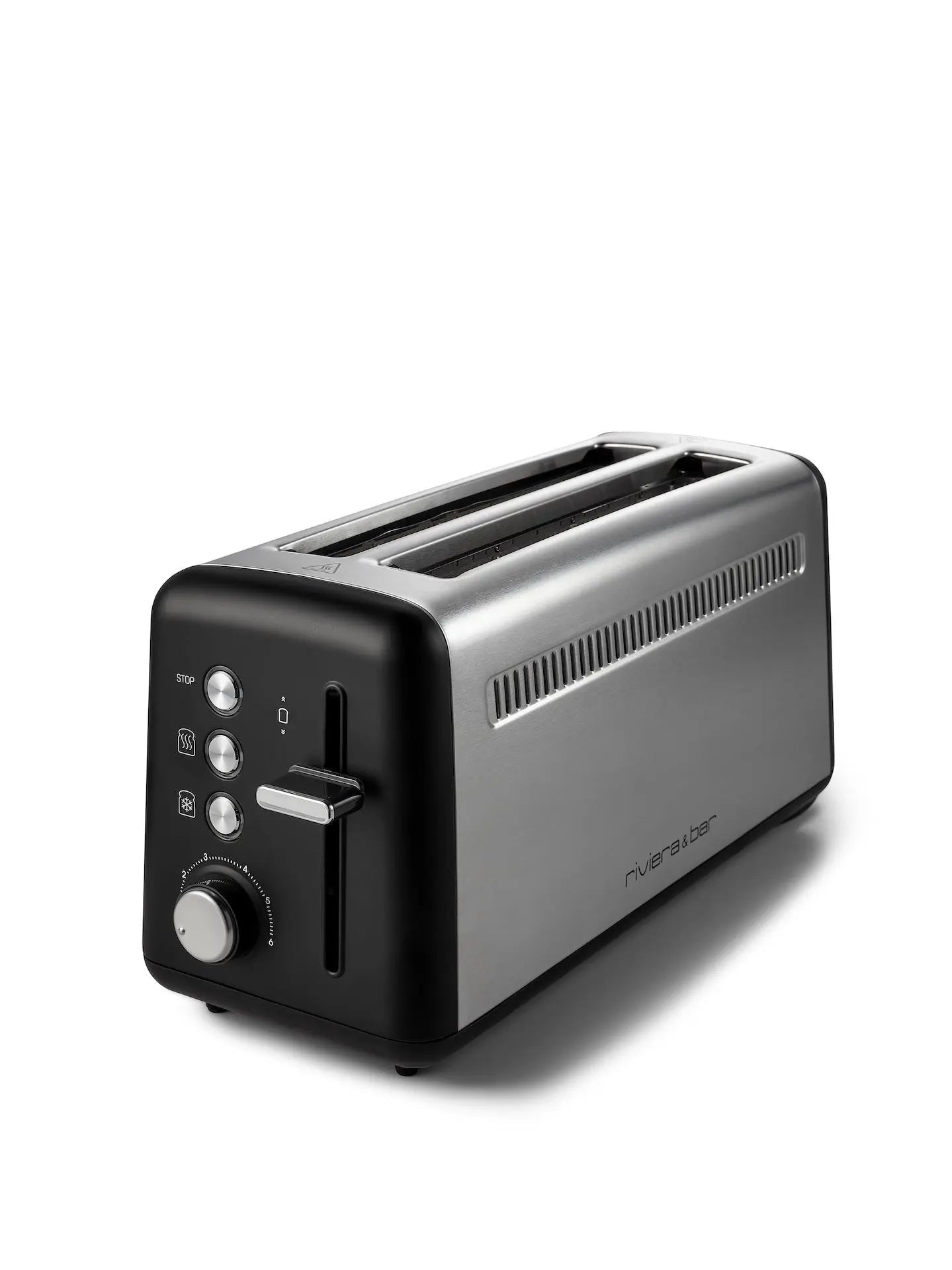 Tweevoudige broodrooster in zwart en zilver.