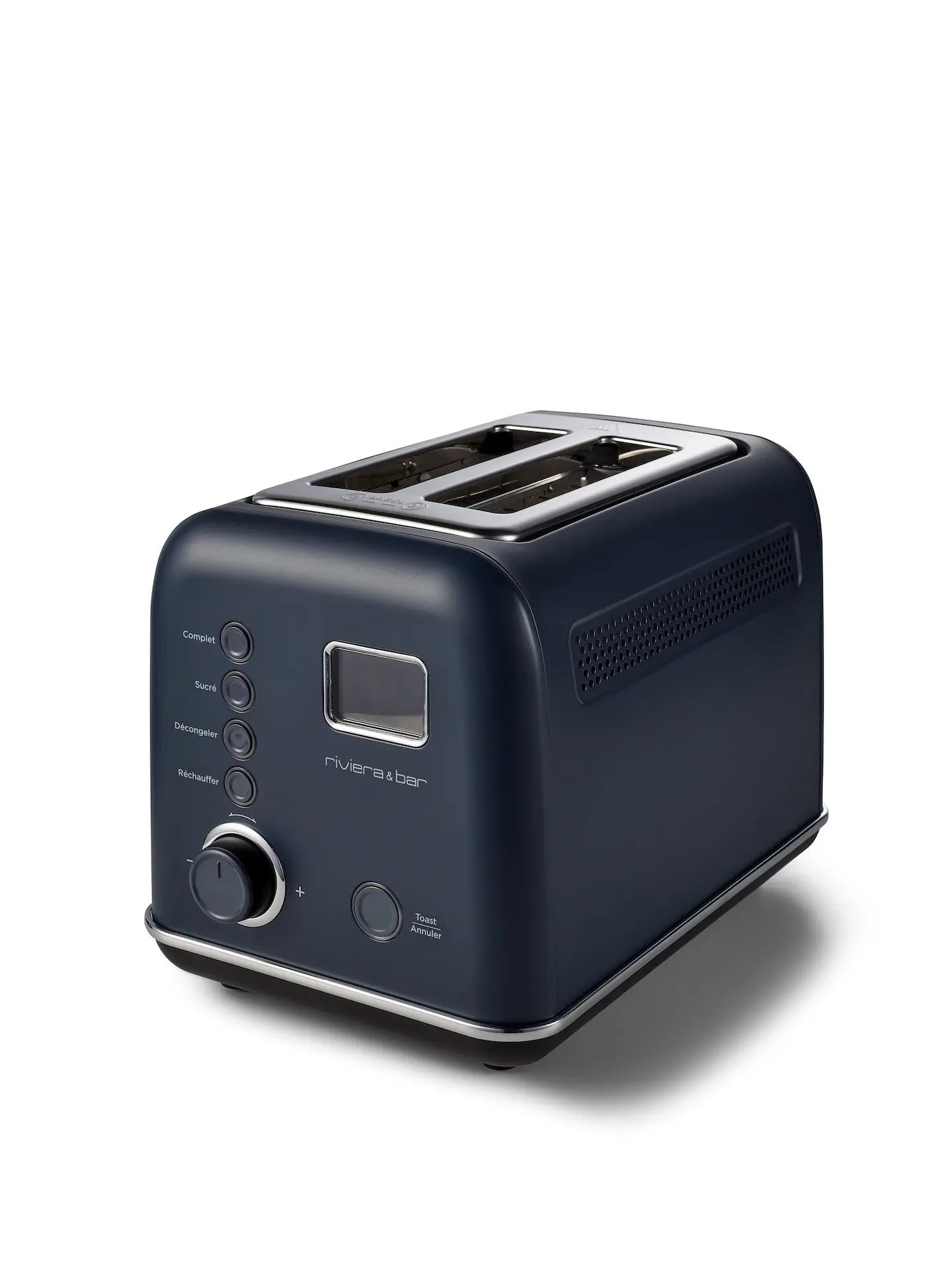 Here are the bounding box detections:
  ```json
  [
  {"box_2d": [337, 154, 838, 871], "label": "dark blue toaster"}
  ]
  ```