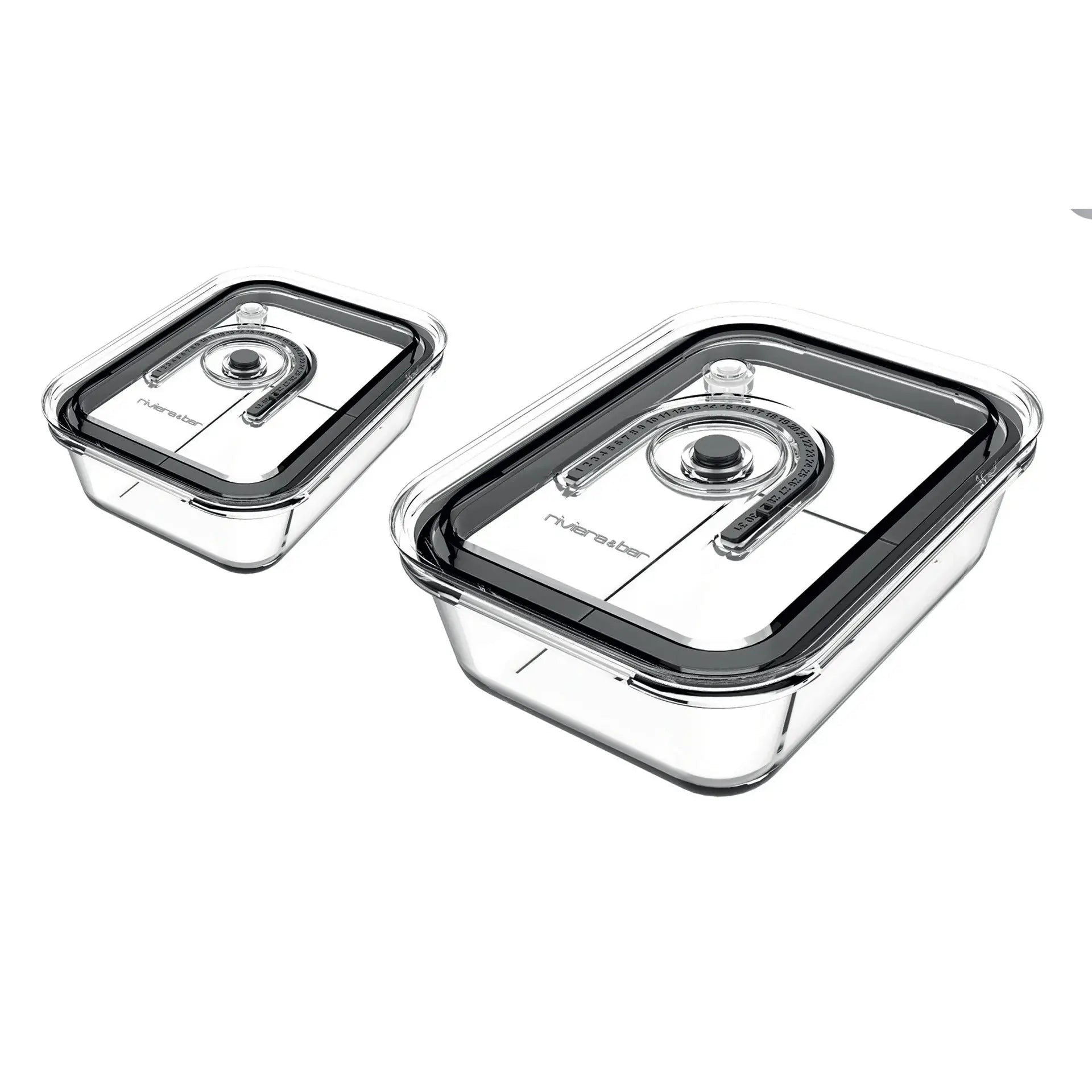 Transparante opbergdozen met zwarte deksels.