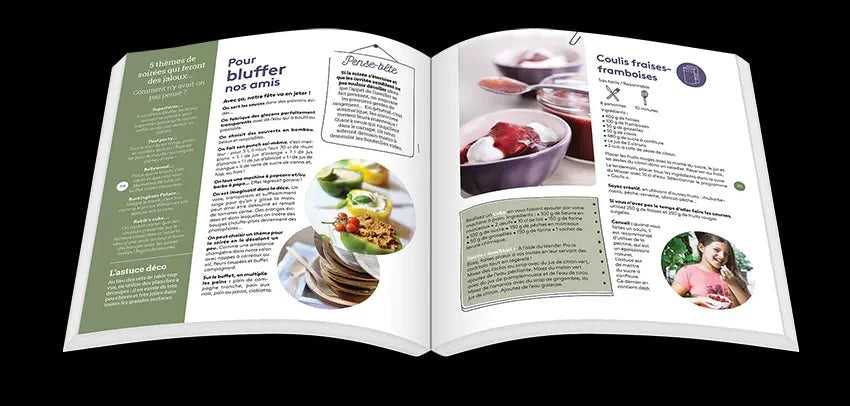 Hier is een foto van een geopend kookboek met recepten en decoratie-ideeën om indruk te maken op gasten.