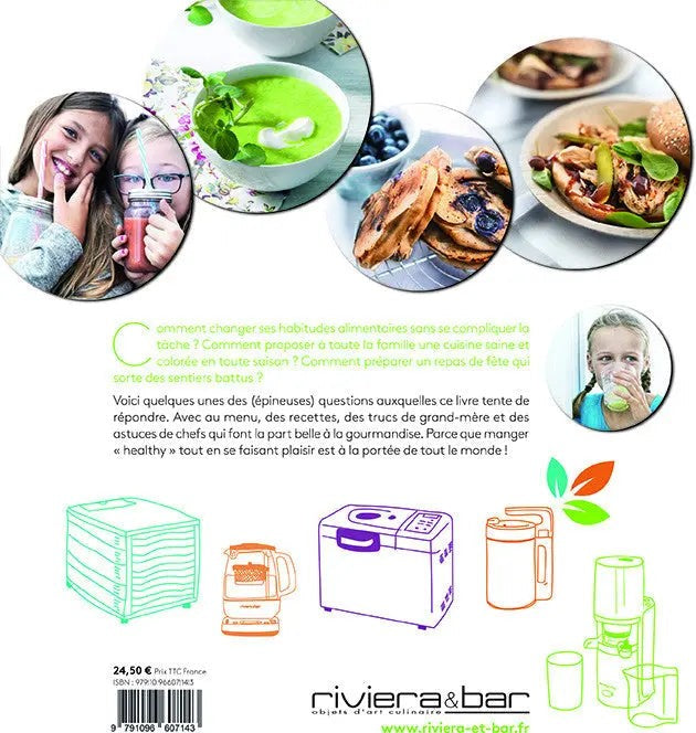 Hier is een lijst met mogelijke alt tags:
  
  * Omslag van een receptenboek met kinderen en gezonde gerechten.
  * Achtergrond van een kookboek met eten, meisjes en keukenapparatuur.
  * Afbeelding van een boek over gezond eten en keukenapparatuur.