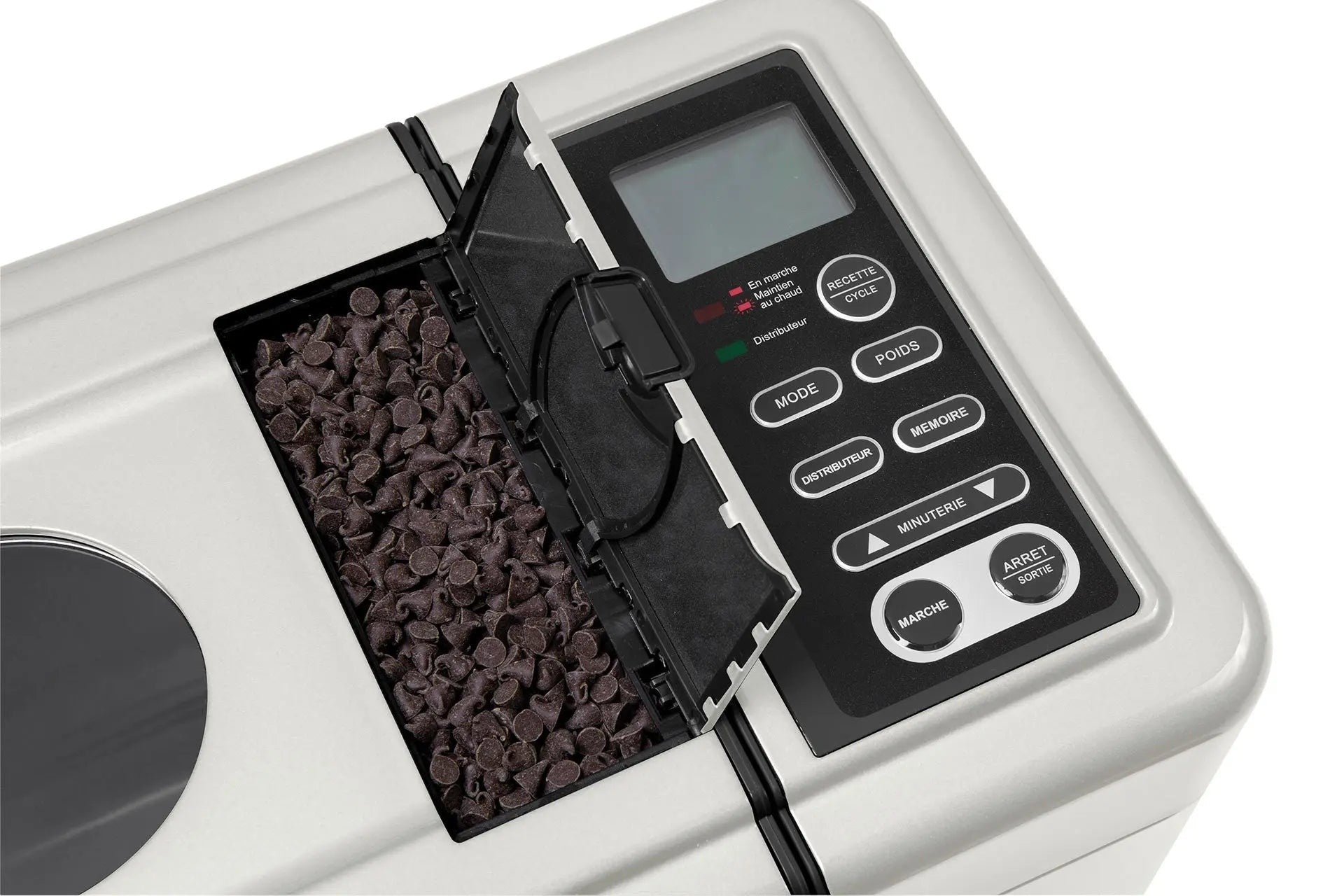 Broodbakmachine met chocoladeschilfersdispenser en bedieningspaneel in het Frans.