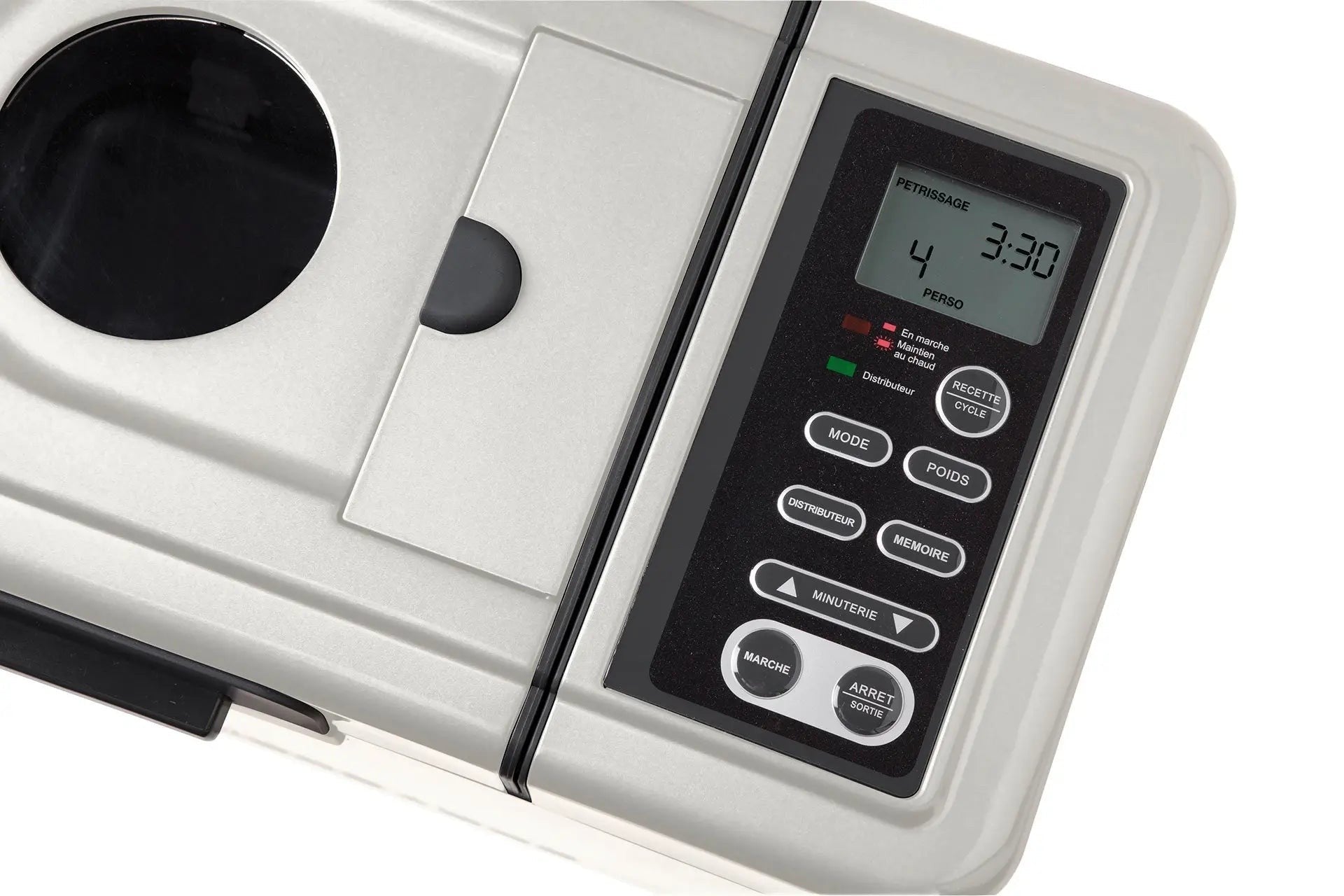 Witte broodmachine met bedieningsscherm dat de kneedtijd toont.