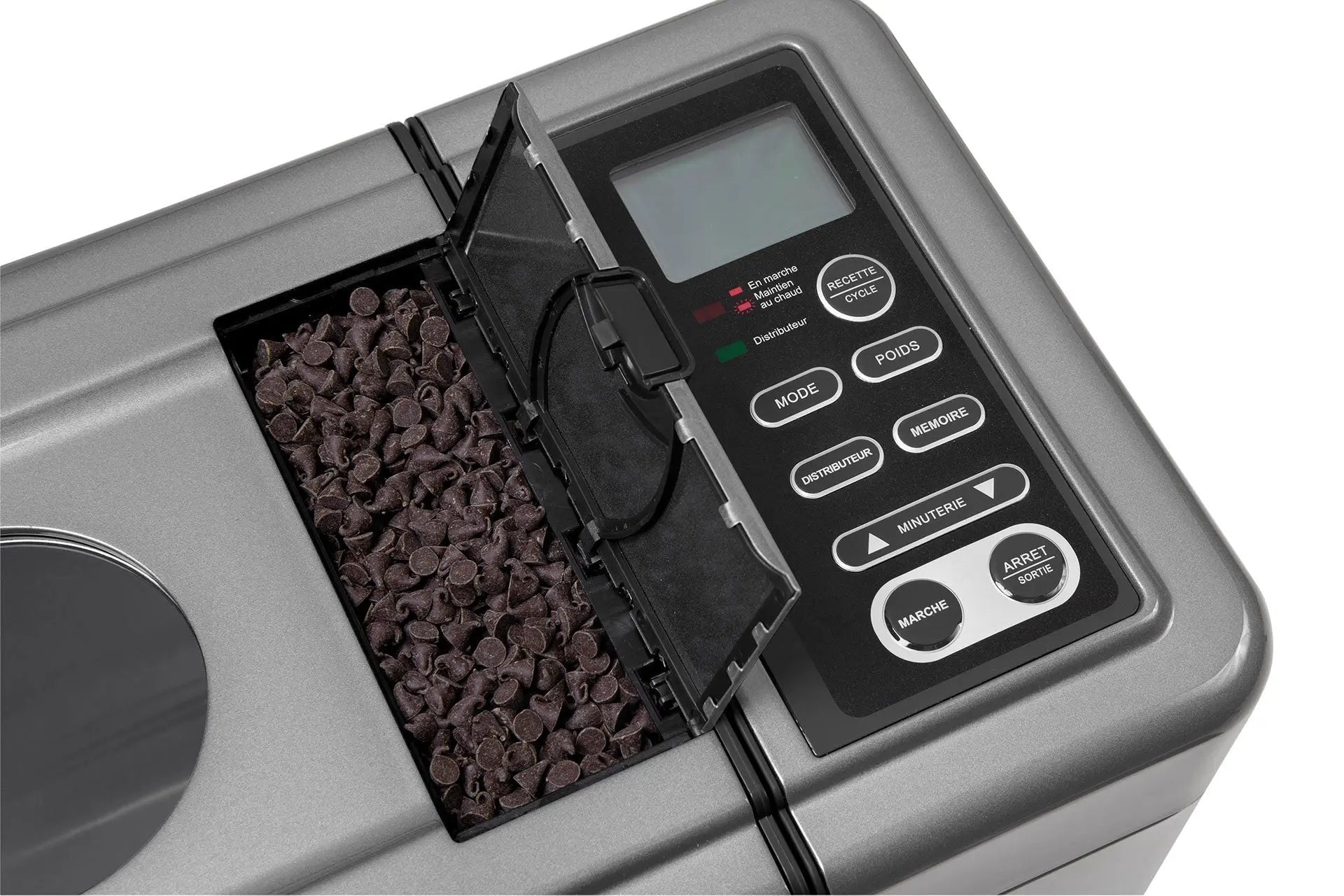 Antracietgrijze chocoladeschilferdispenser met display en knoppen.