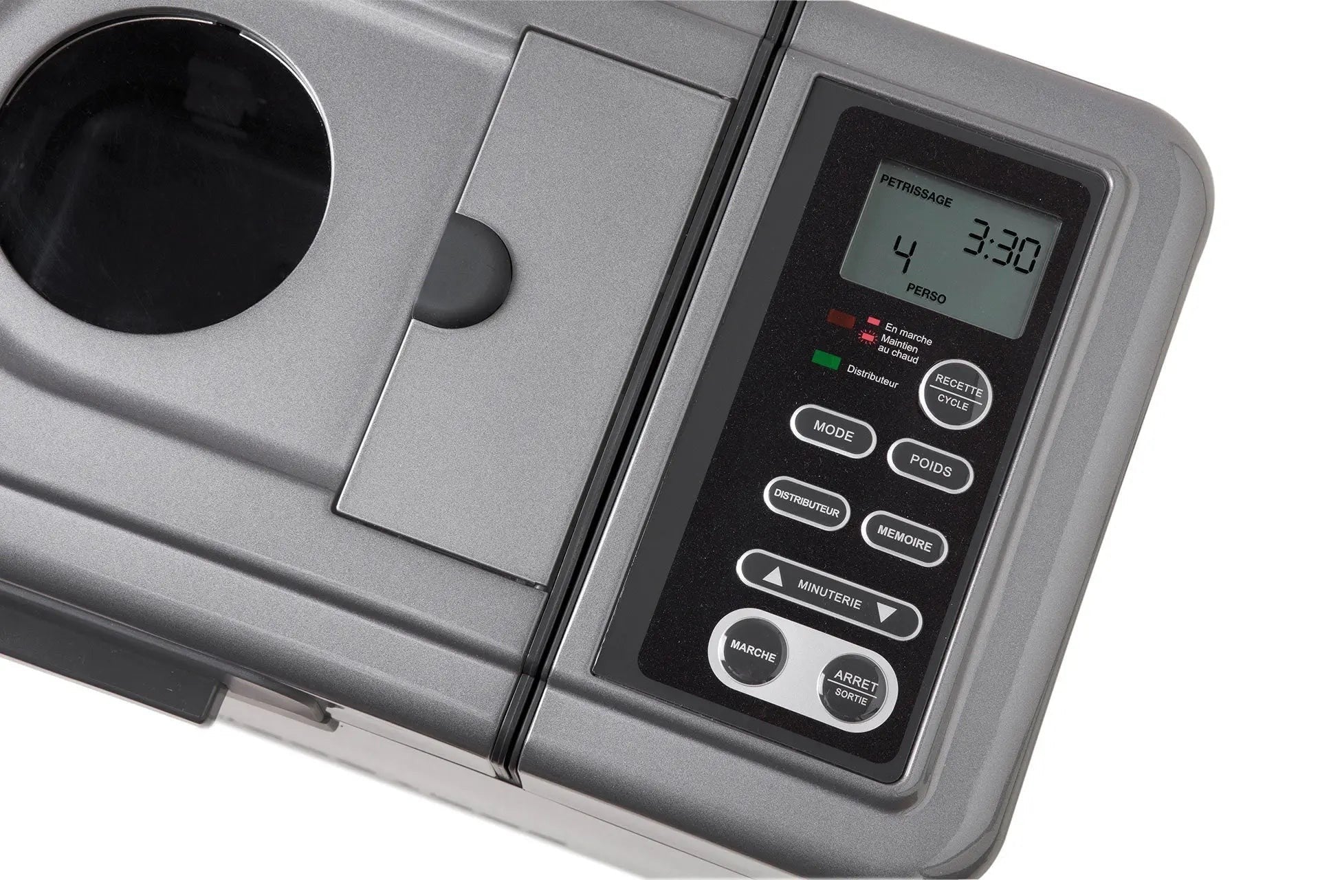 Grijze broodbakmachine met bedieningspaneel in het Frans.
