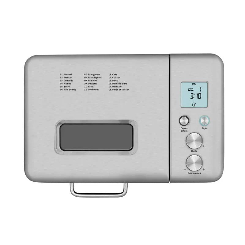 Zilveren broodbakmachine met display en programmakiezer.