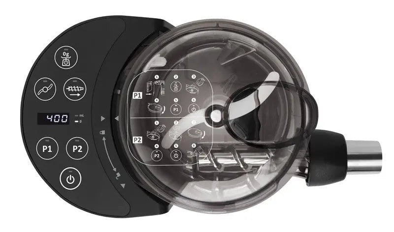 Zwarte keukenmachine met transparante kom.