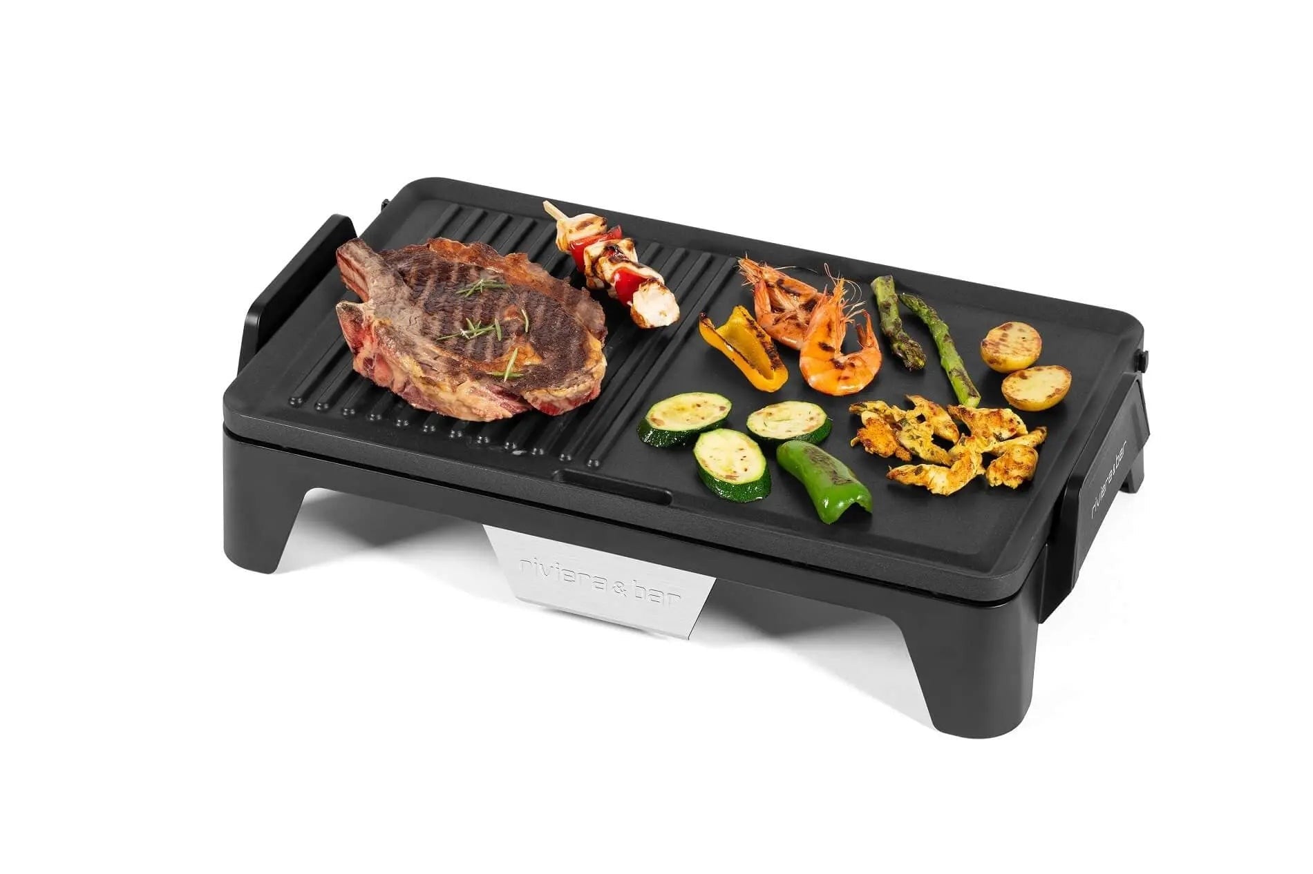 Elektrische grill met verschillende soorten gegrild voedsel.