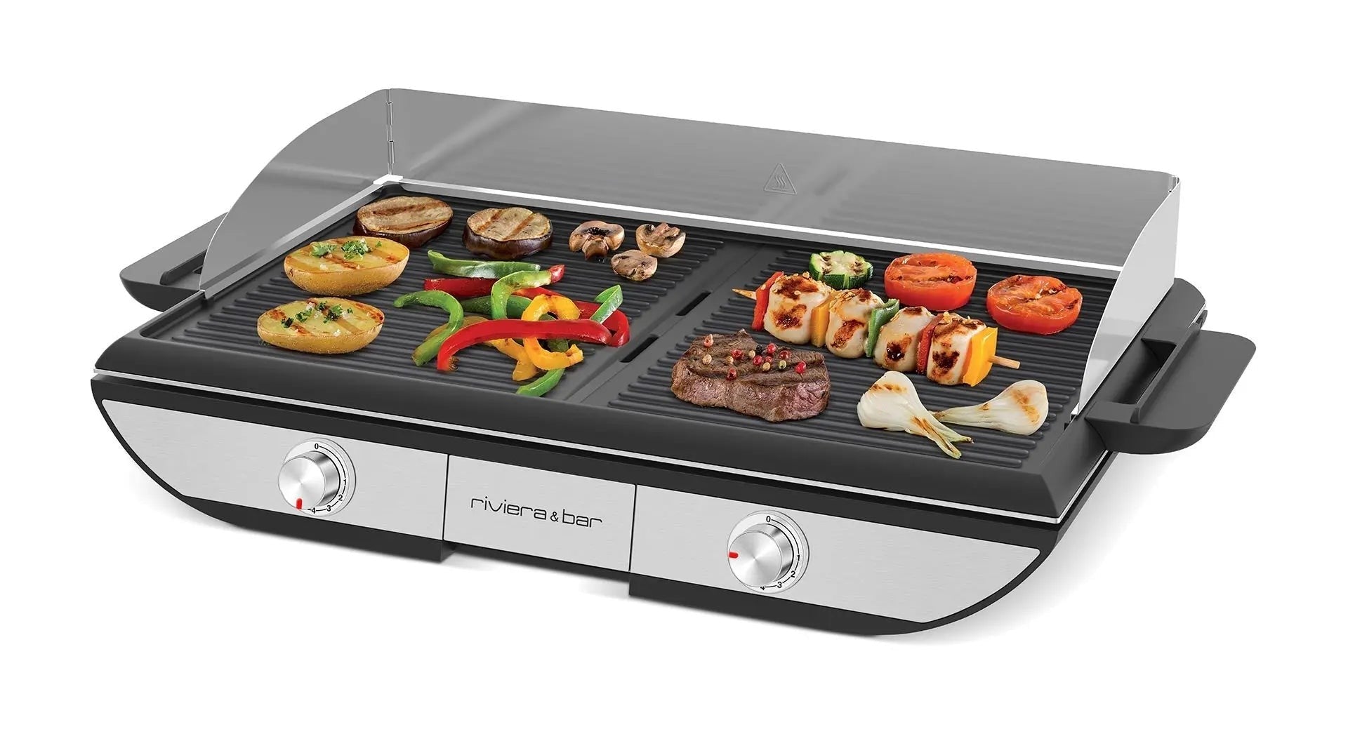 Elektrische barbecue met gegrilde groenten en vlees.