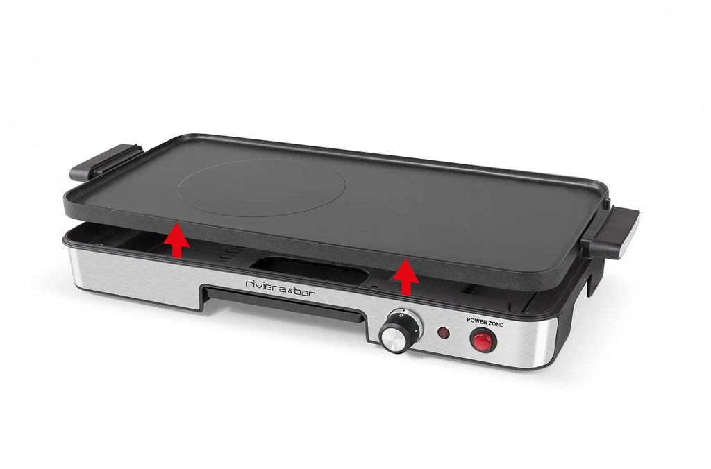 Zwart met zilveren elektrische grill met rode pijlen die naar boven wijzen.