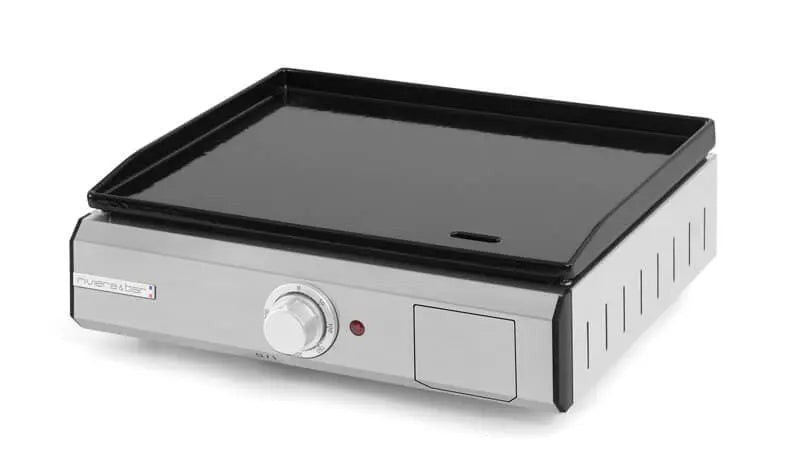 Zilveren en zwarte elektrische plancha.