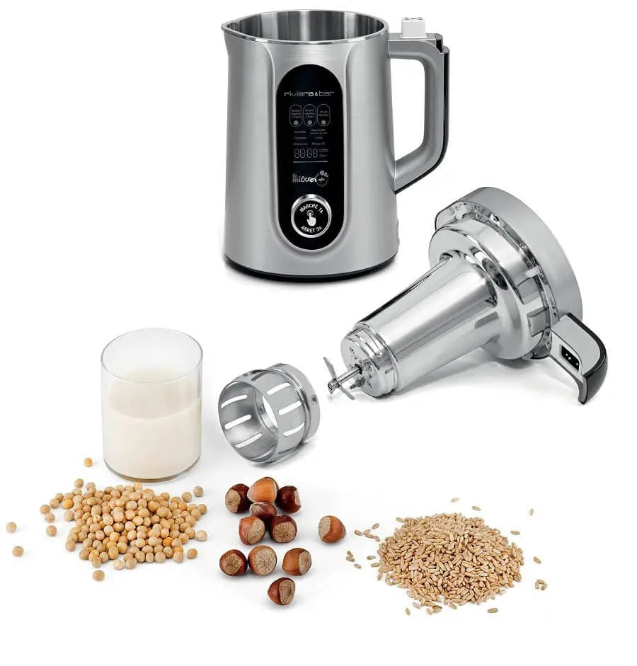 Machine voor plantaardige dranken met ingrediënten: soja, hazelnoten, gepelde gerst.