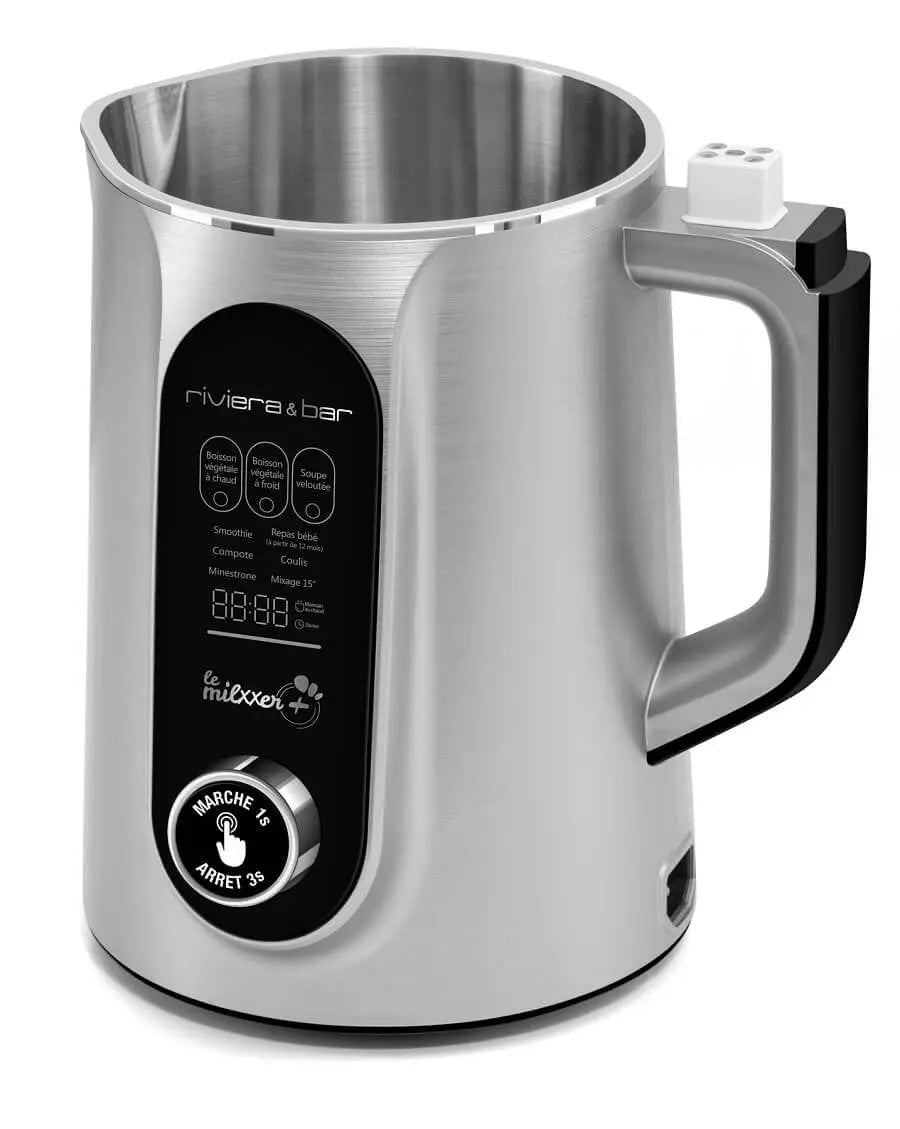 Multifunctionele keukenmachine van grijs metaal met bedieningsscherm en zwart handvat.