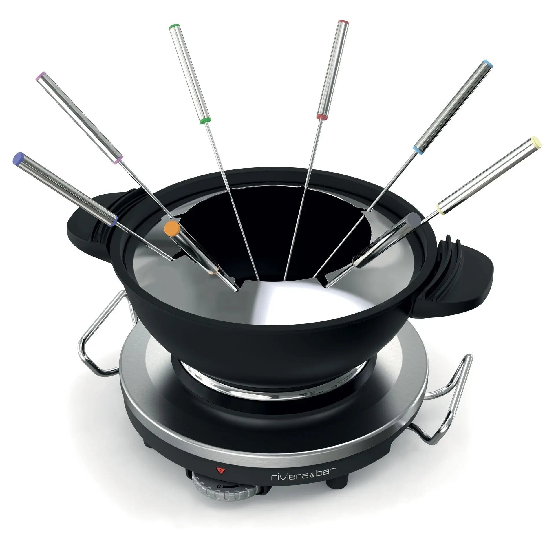 Zwarte fondueset met gekleurde spiesen.