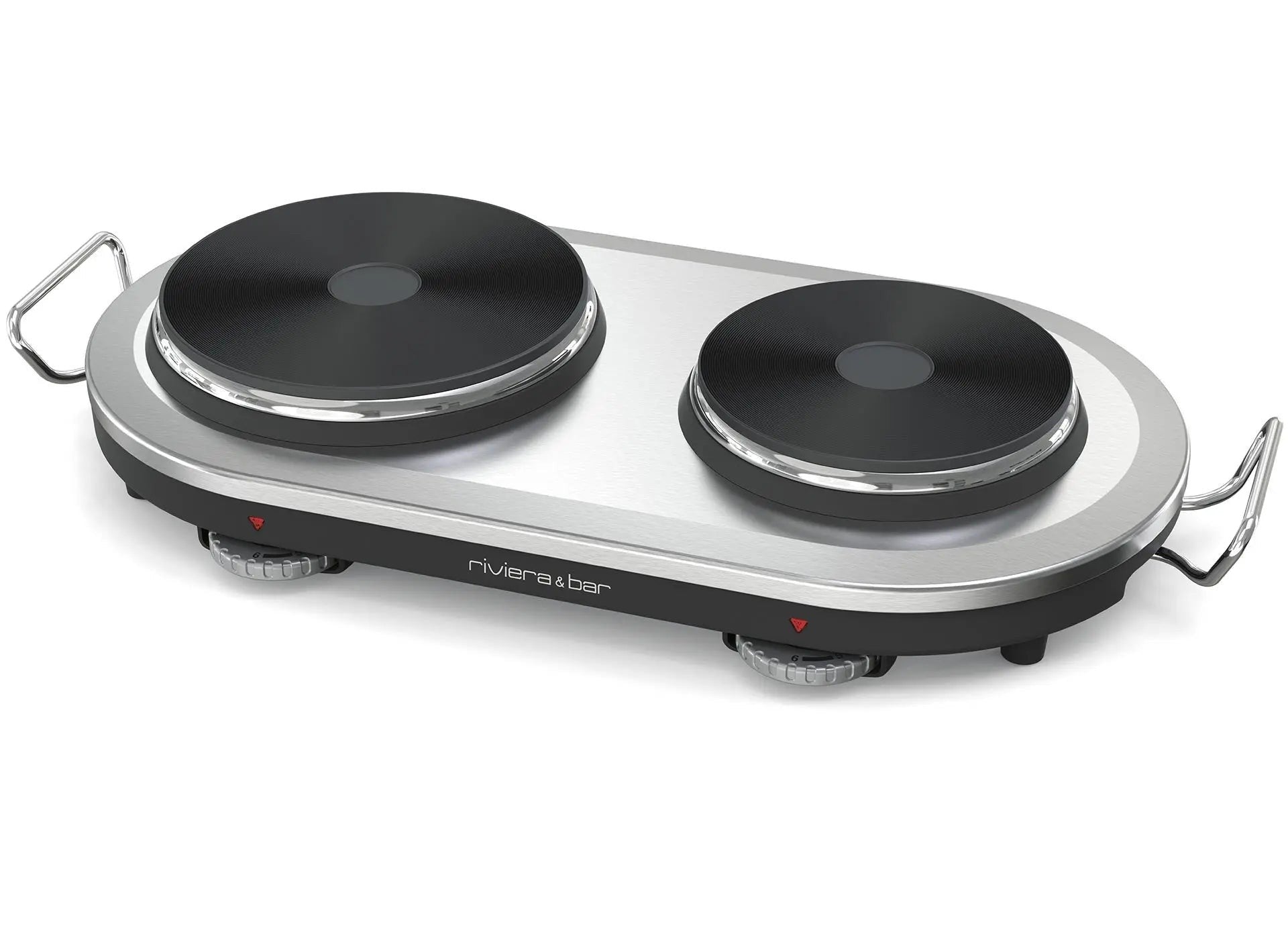 Dubbele elektrische kookplaat, zilver en zwart.