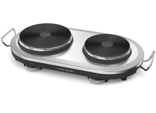 Dubbele elektrische kookplaat, zilver en zwart.