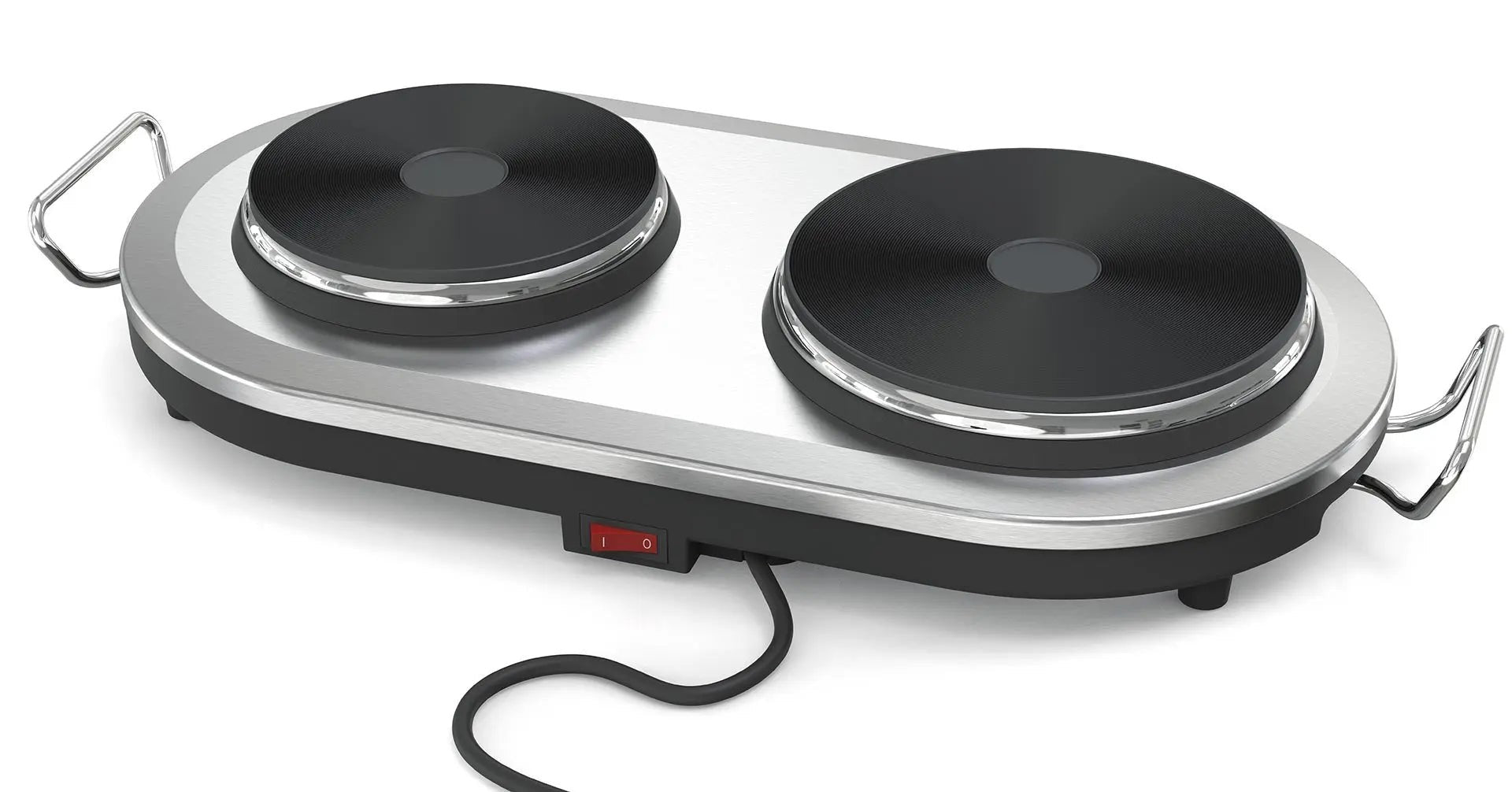 Dubbele elektrische kookplaat, roestvrij staal en zwart.