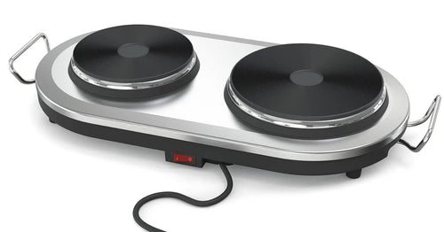 Dubbele elektrische kookplaat, roestvrij staal en zwart.