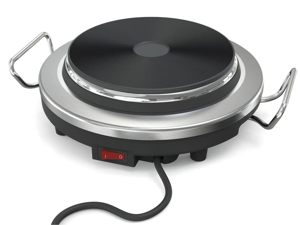 Elektrische kookplaat, zwart en zilver, met handgrepen.