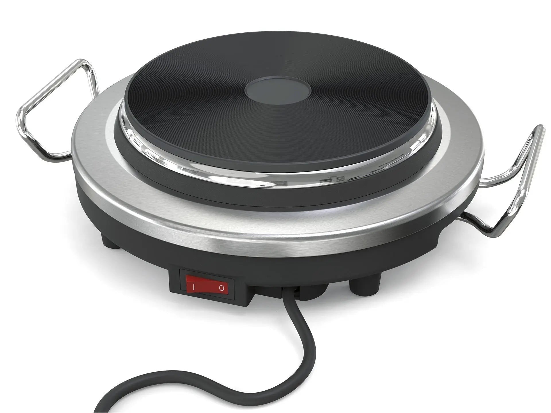 Elektrische kookplaat, zwart en zilver, met handgrepen.