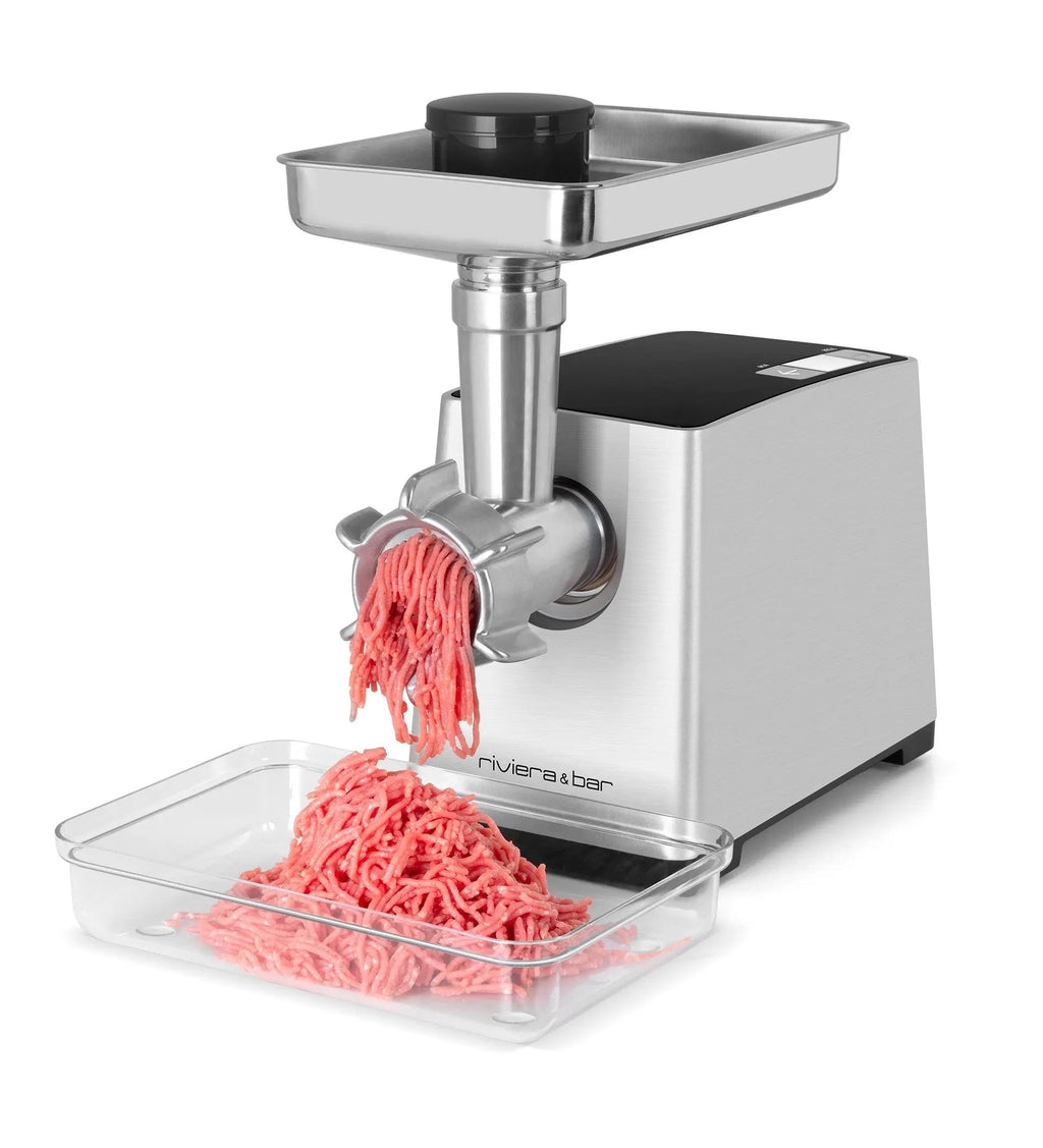 Vleesmolen van metaal en zwart plastic.